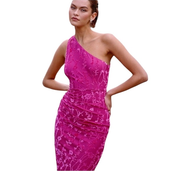 Anthropologie HUTCH One Shoulder Ruched Velvet Flocked Midi Dress Pink Size L - Picture 6 of 14